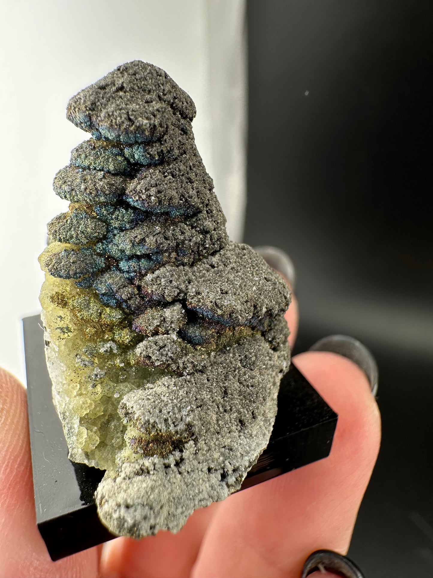 Iridescent Chalcopyrite on Pagoda Calcite: Daye, Hubei, China