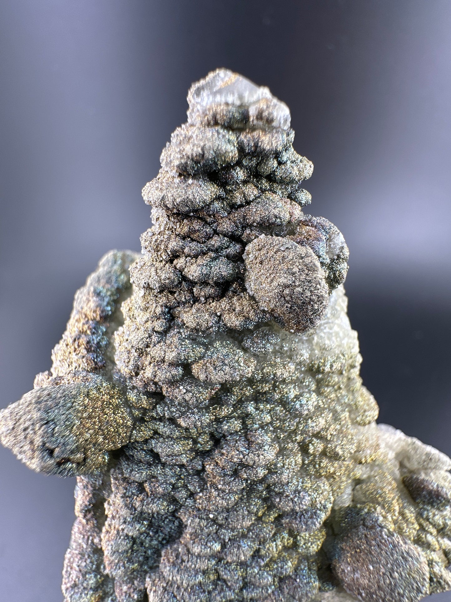 Iridescent Chalcopyrite on Pagoda Calcite: Daye, Hubei, China (Copy)