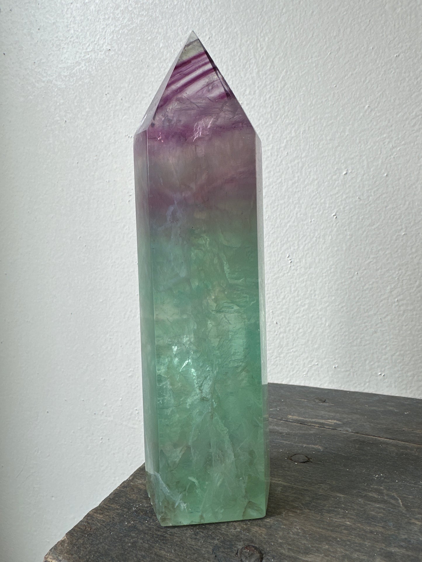 stunning polished Fluorite thic tower (6.5” tall)