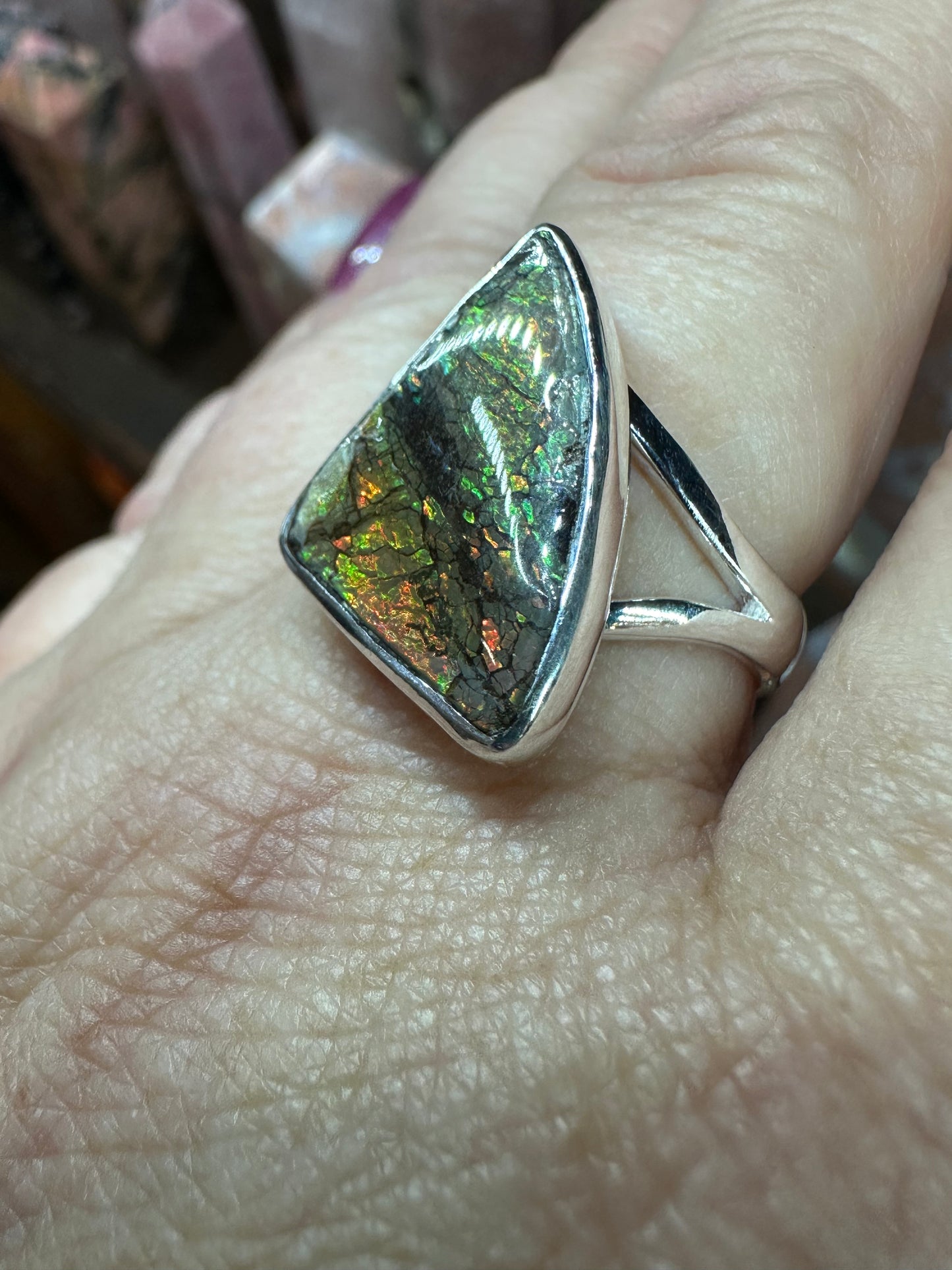 Ammolite set in Silver ring, sz 9