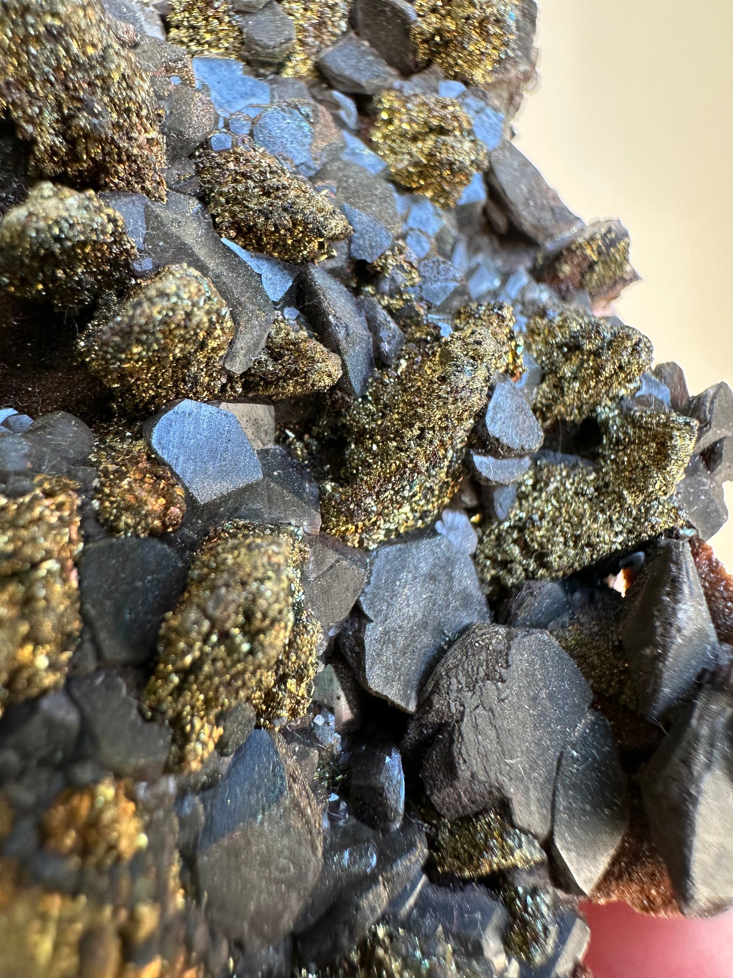 Black pagoda calcite w/iridescent chalcopyrite