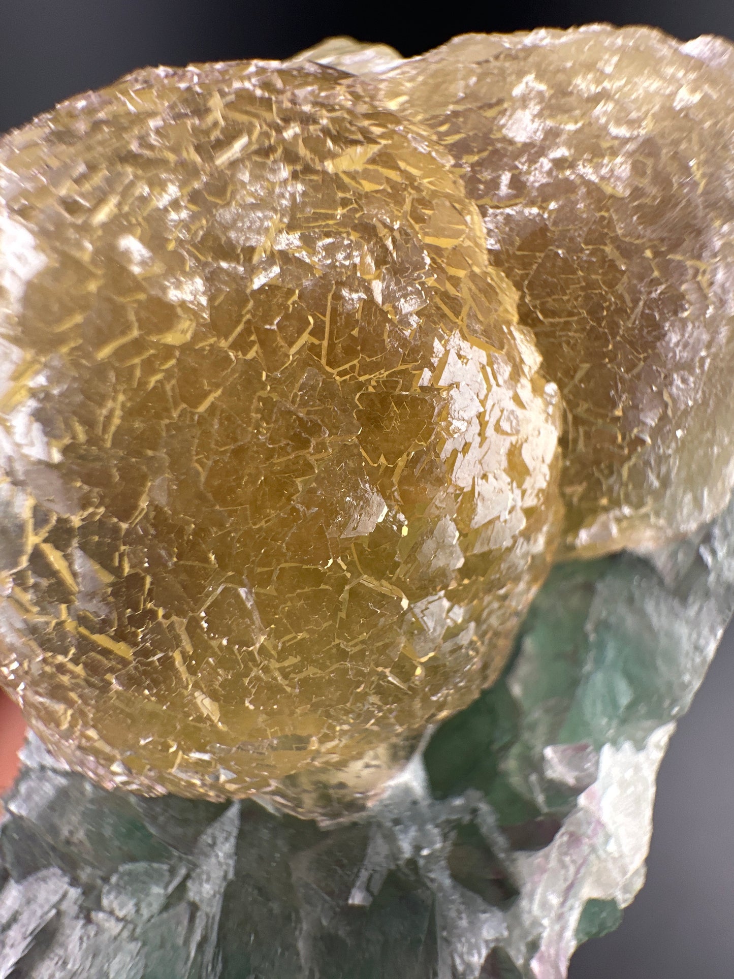 botryoidal Yellow Fluorite on green/purple Fluorite: Jiangxi