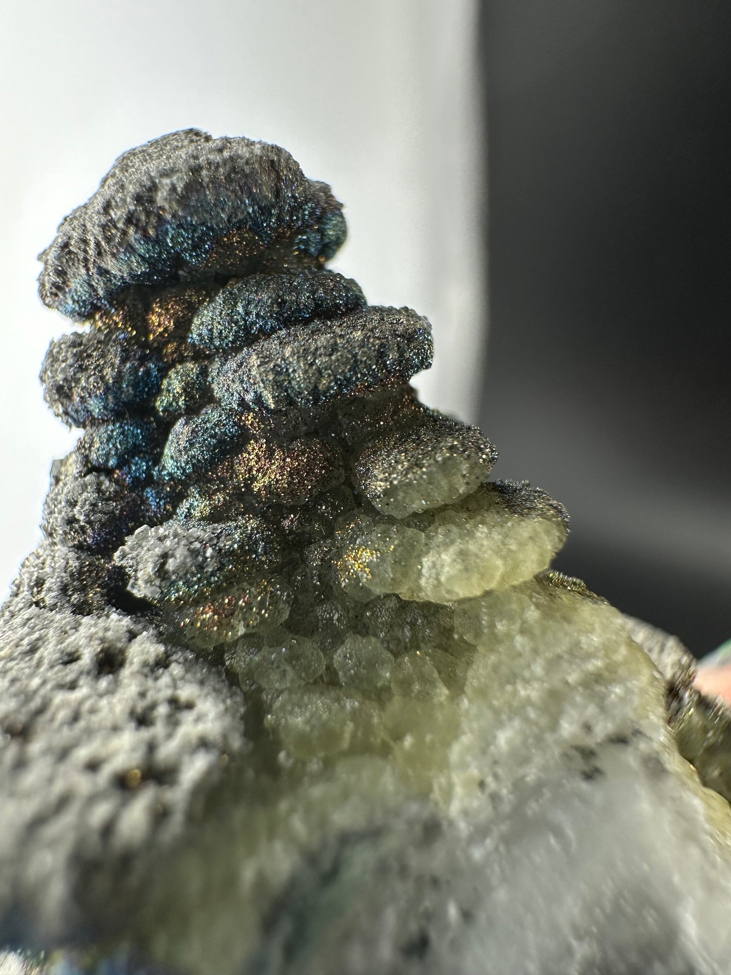 Iridescent Chalcopyrite on Pagoda Calcite: Daye, Hubei, China