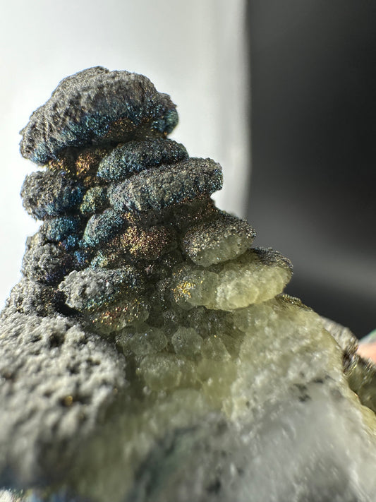 Iridescent Chalcopyrite on Pagoda Calcite: Daye, Hubei, China