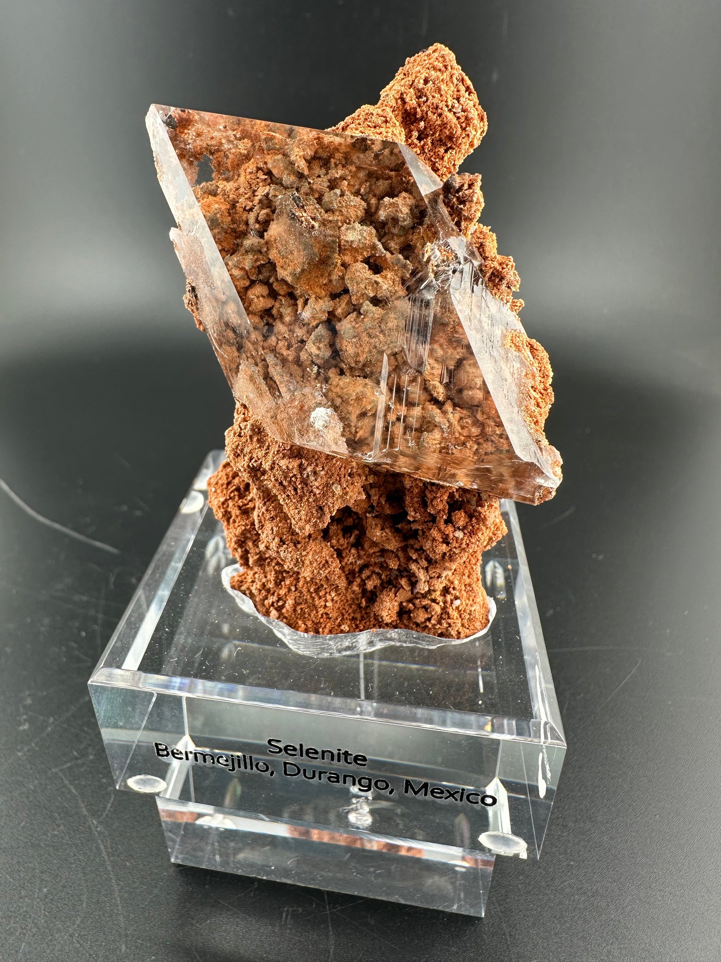 water-clear Selenite, Bermejillo, MX, in custom base