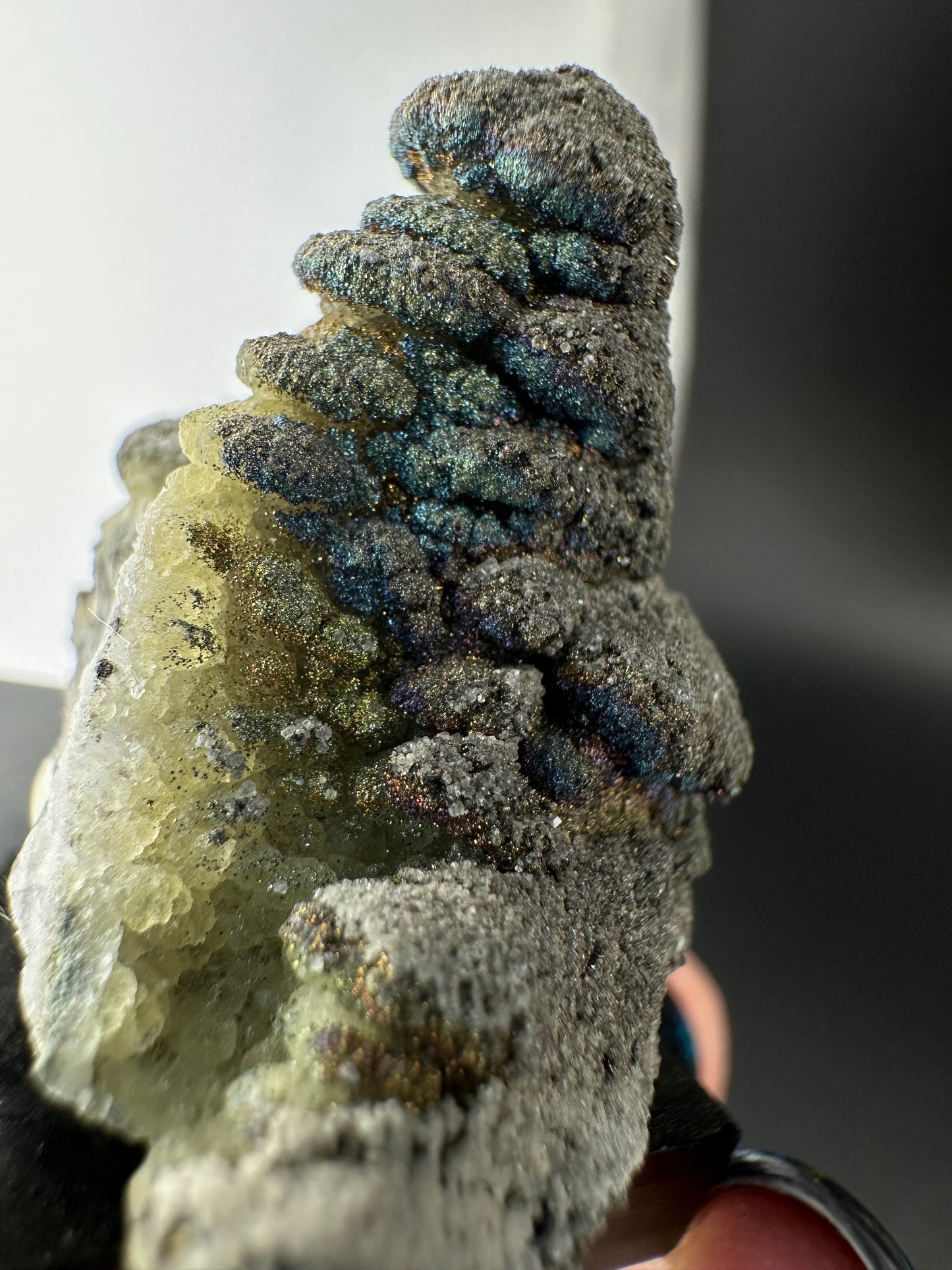 Iridescent Chalcopyrite on Pagoda Calcite: Daye, Hubei, China