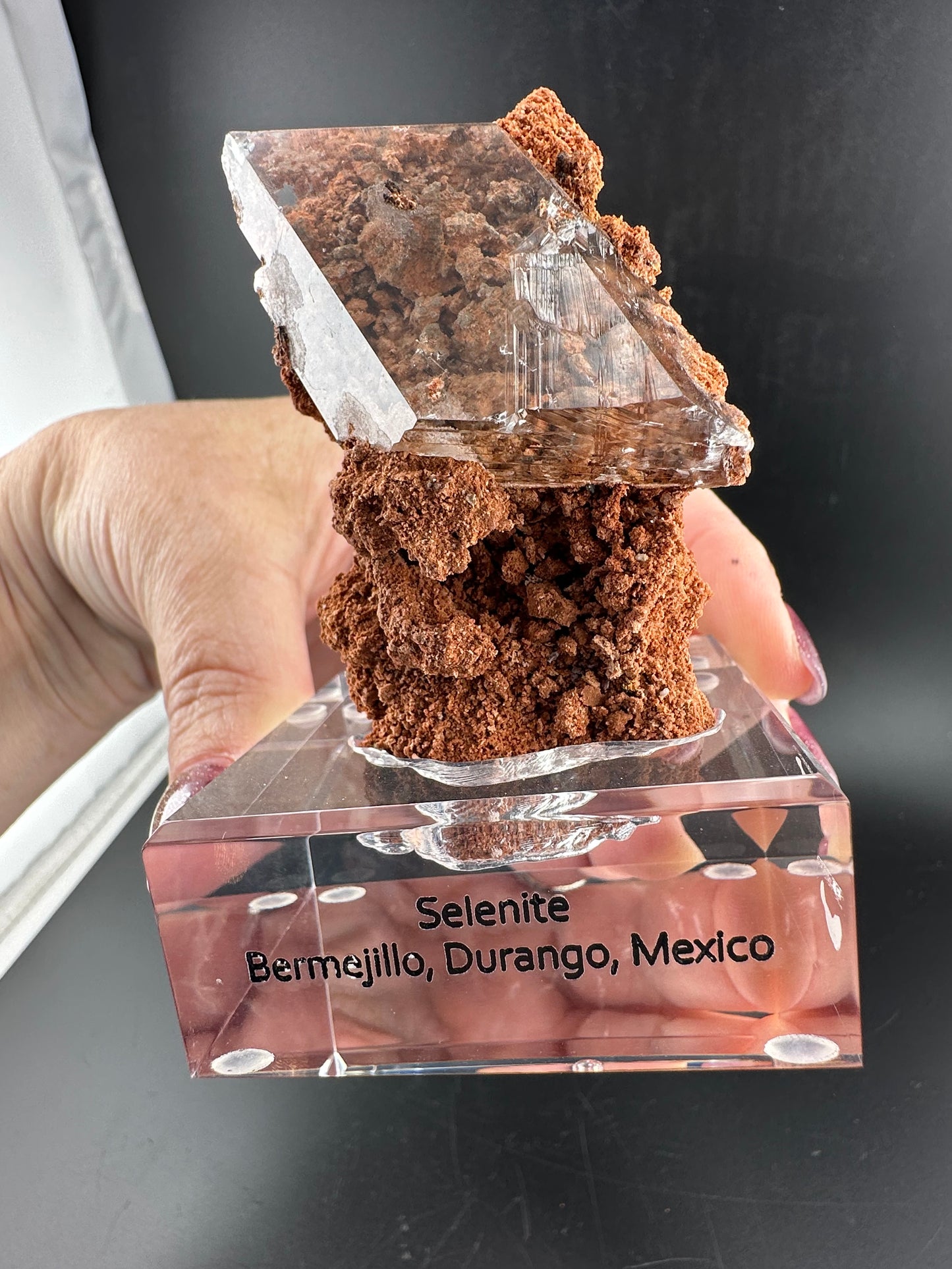 water-clear Selenite, Bermejillo, MX, in custom base