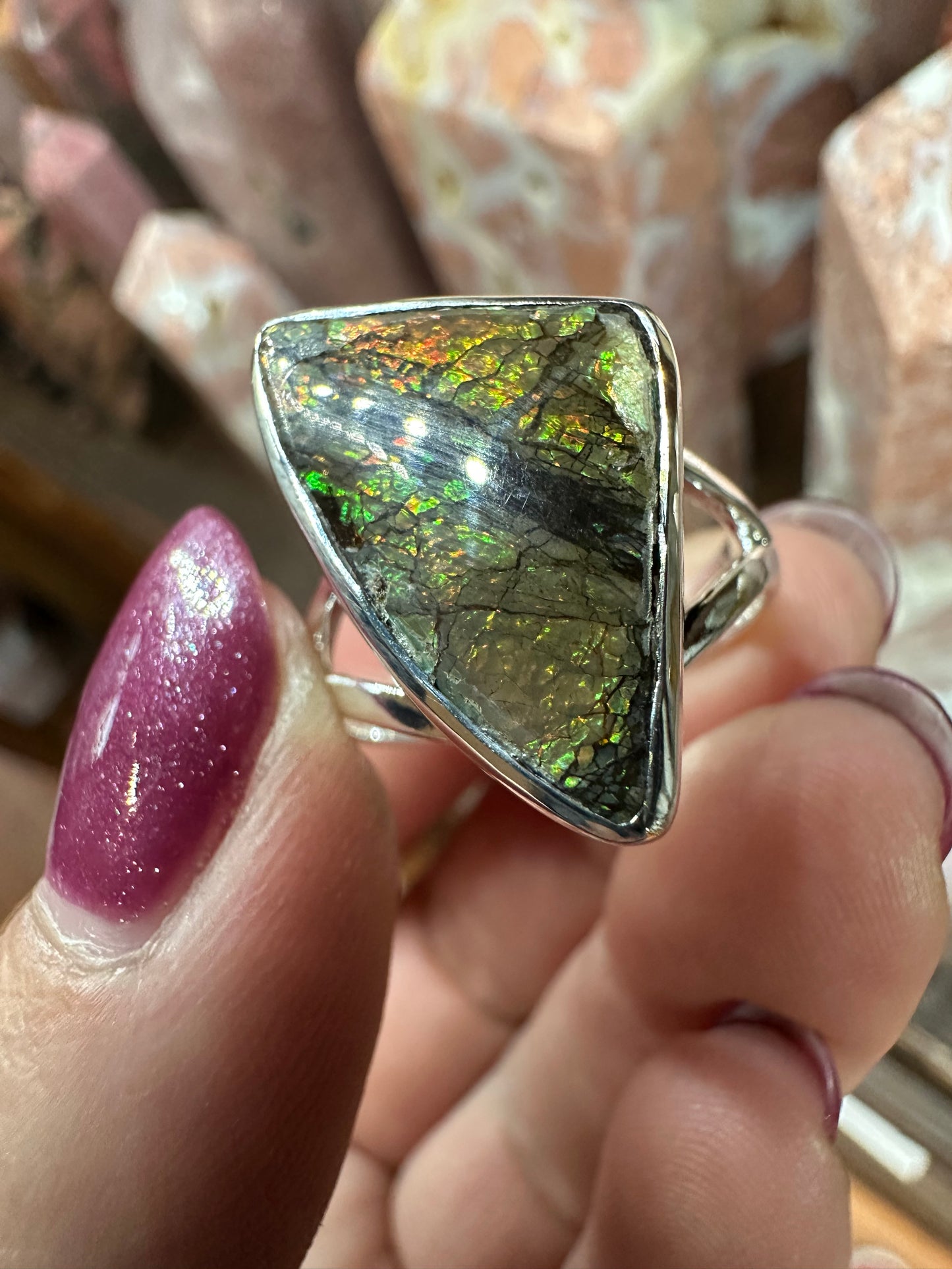 Ammolite set in Silver ring, sz 9