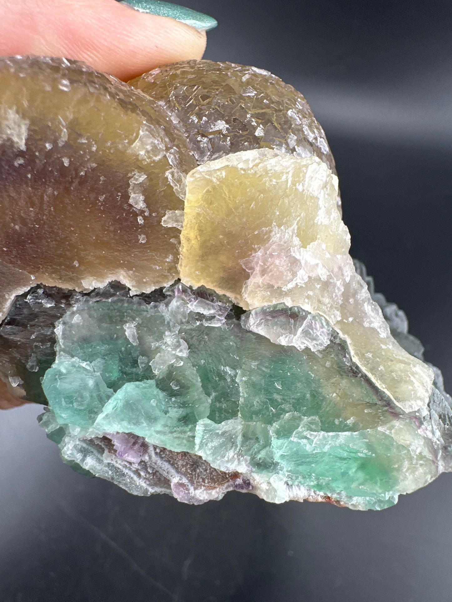 botryoidal Yellow Fluorite on green/purple Fluorite: Jiangxi