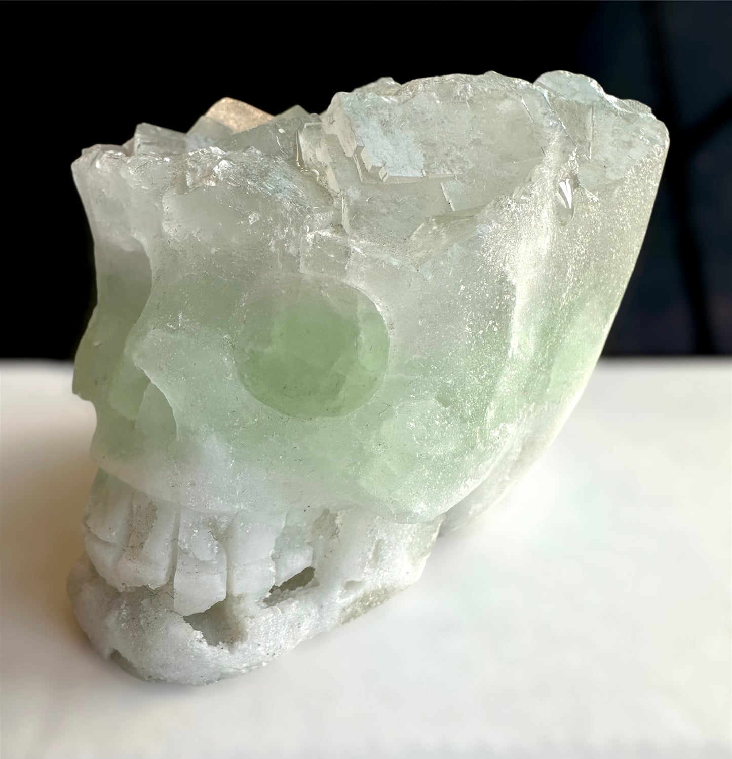 Green Fluorite & white Quartz carved skull