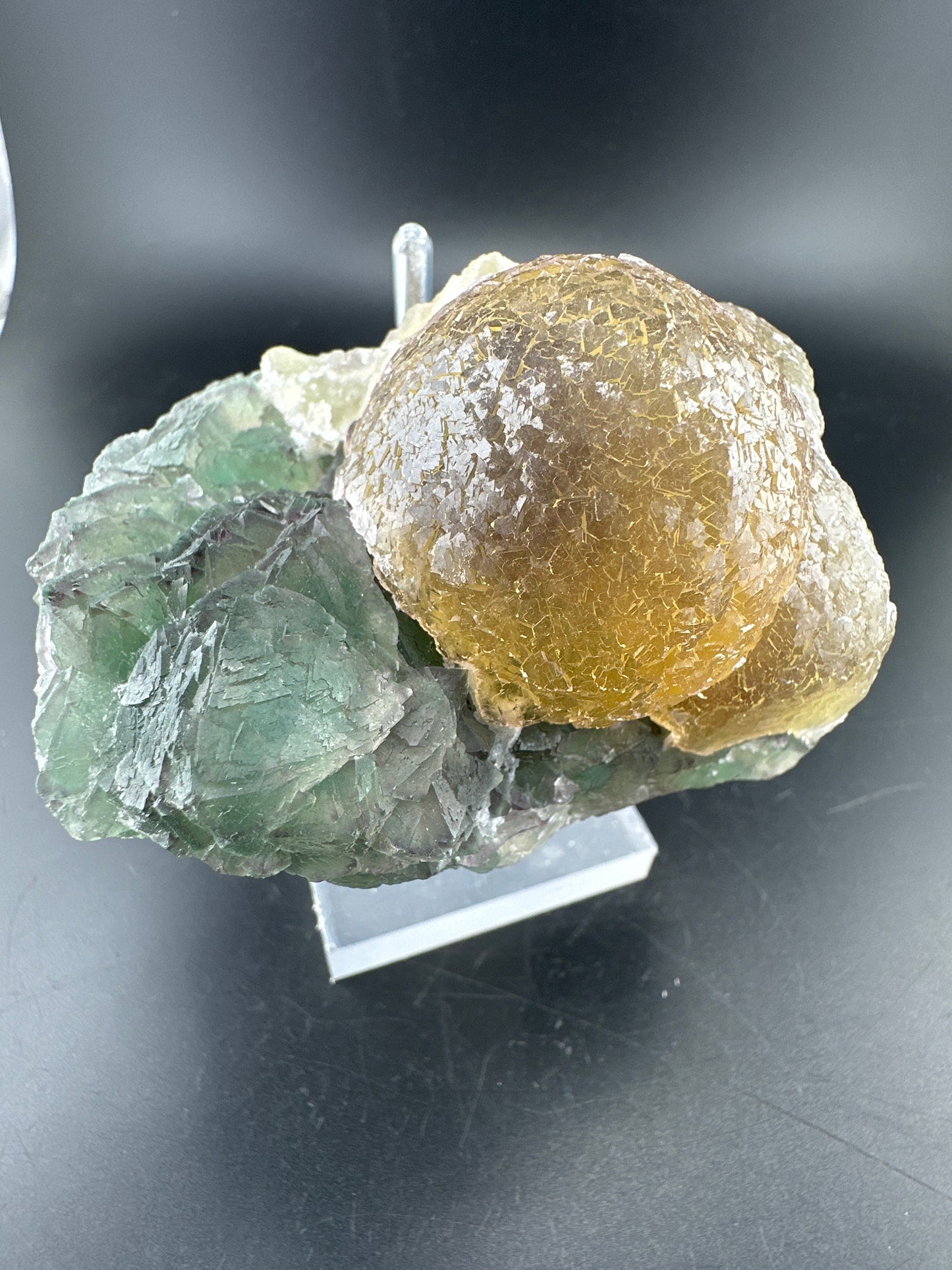 botryoidal Yellow Fluorite on green/purple Fluorite: Jiangxi