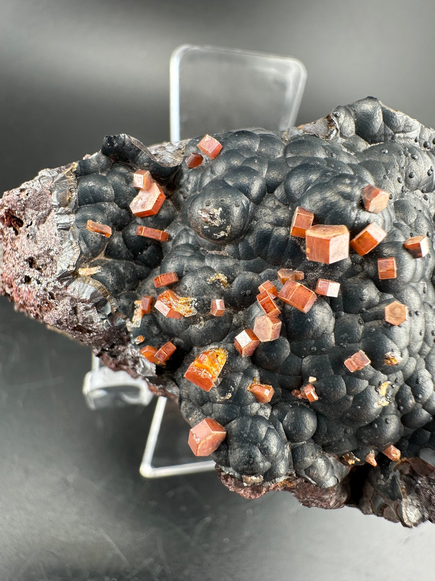 Vanadinite on botryoidal hematite: Morocco