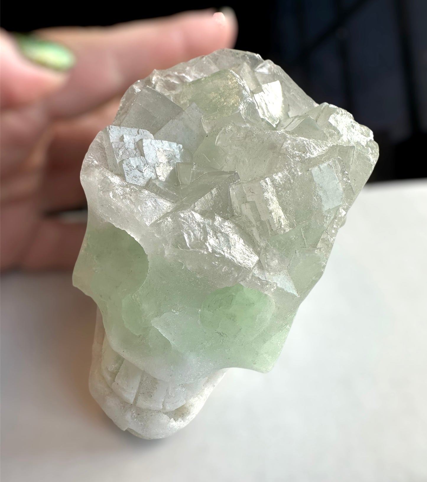 Green Fluorite & white Quartz carved skull