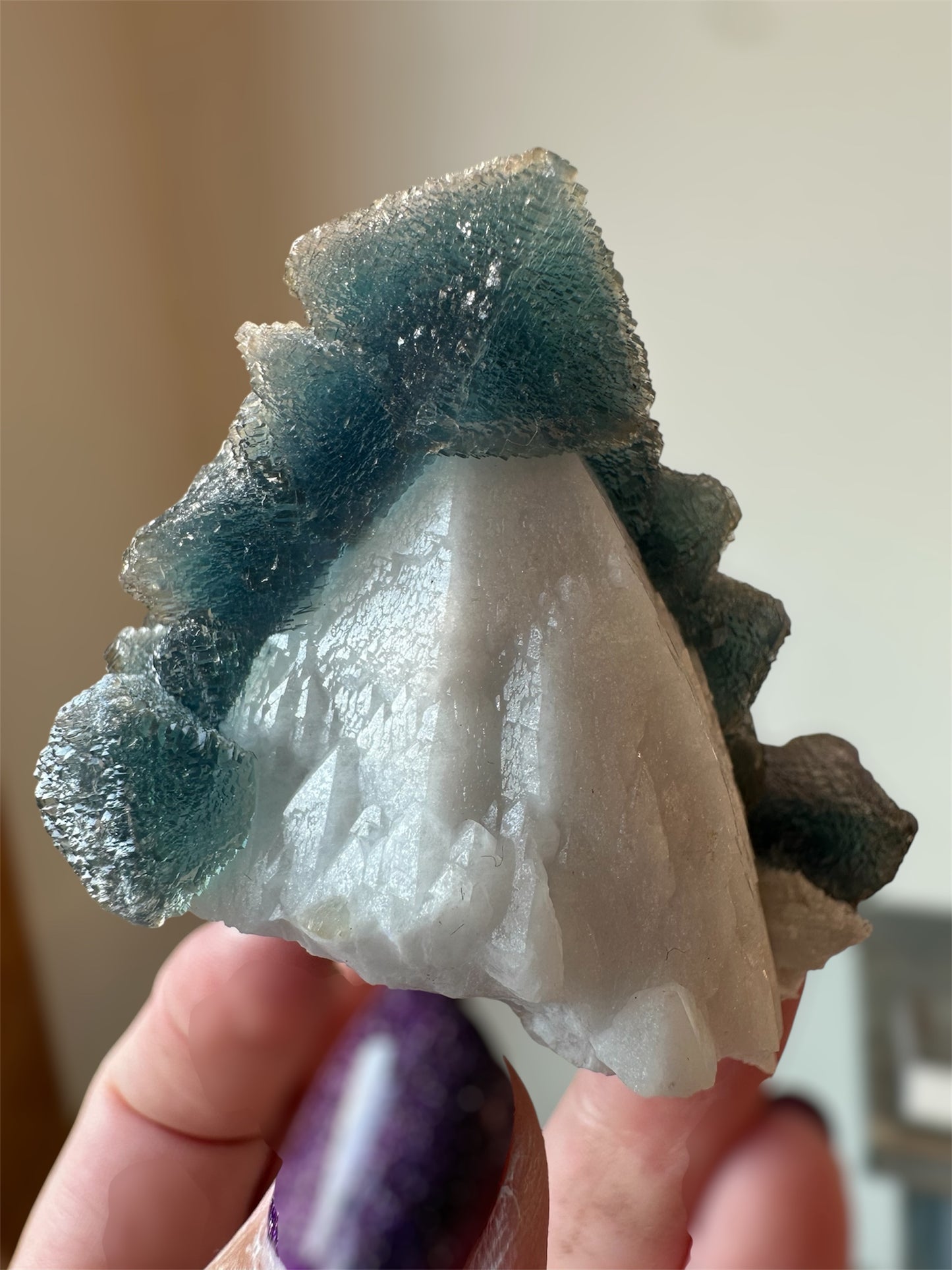 Blue/Green Octahedral Fluorite on Candle Quartz