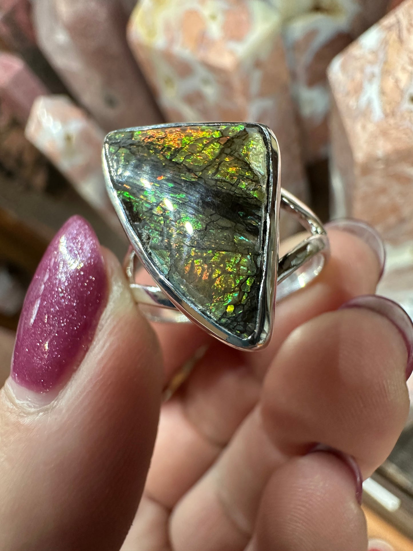 Ammolite set in Silver ring, sz 9