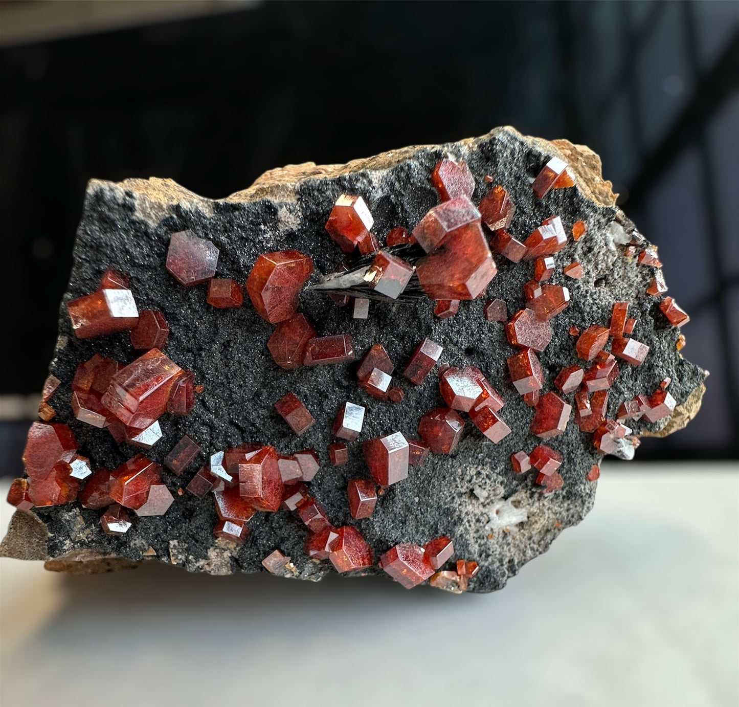 gemmy red Vanadinite on Goethite
