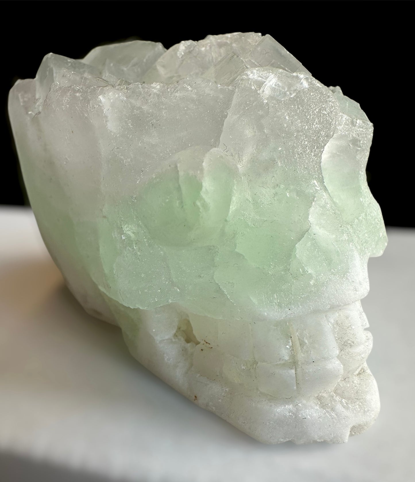 Green Fluorite & white Quartz carved skull