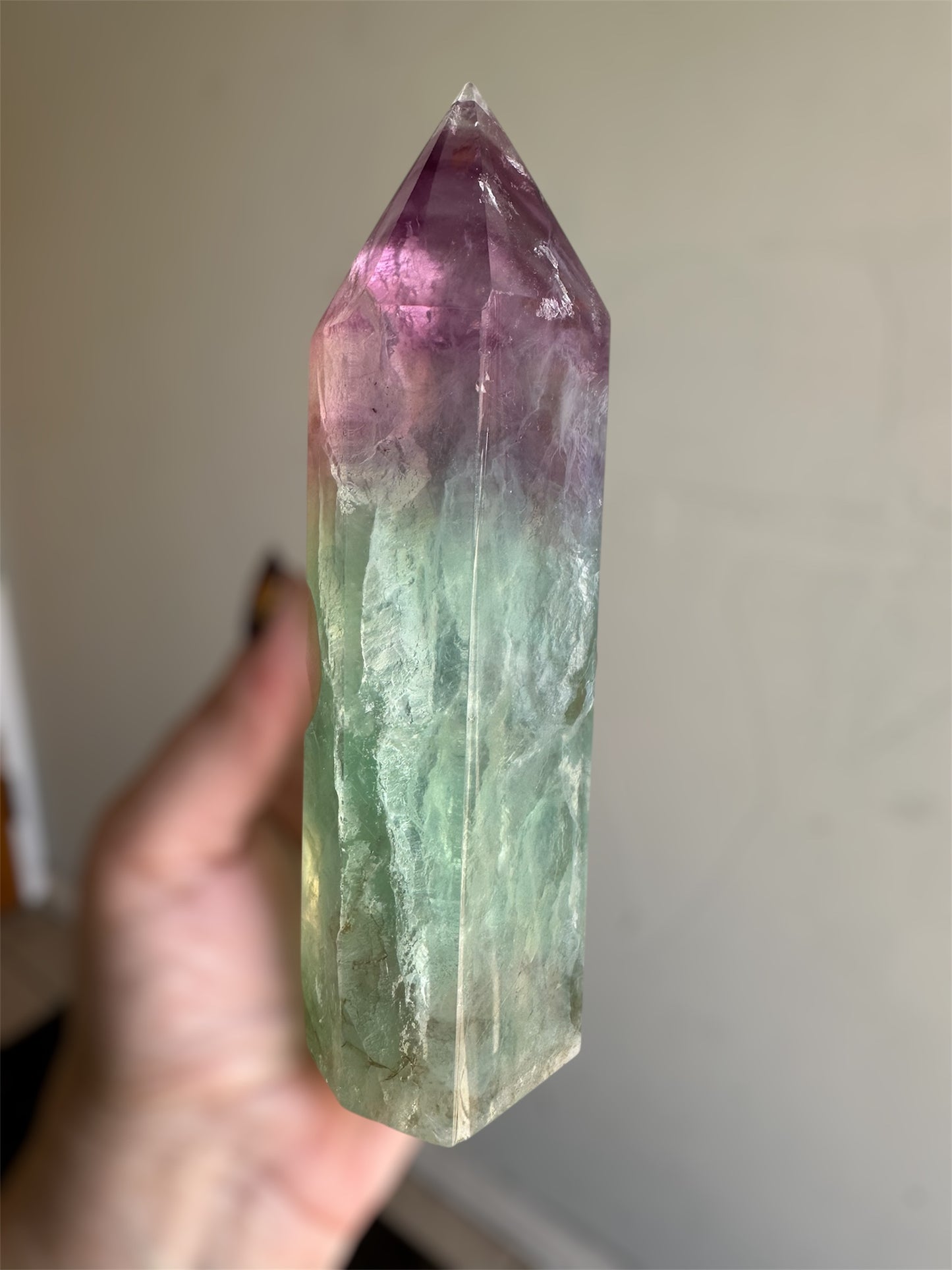 stunning polished Fluorite thic tower (6.5” tall)