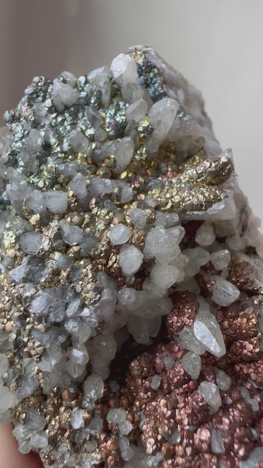 Iridescent Chalcopyrite over Dogtooth Calcite, Daye, Hubei, China.