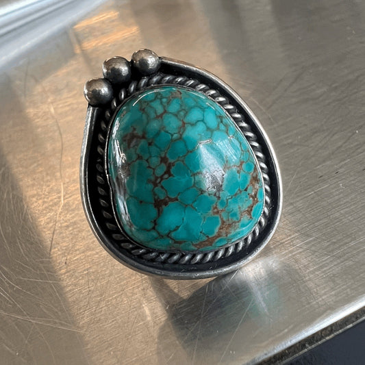 Antique deep teal Turquoise ring set in silver, hand-made. Size 6