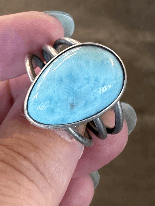 Larimar teardrop set in silver ring. Sz. 11